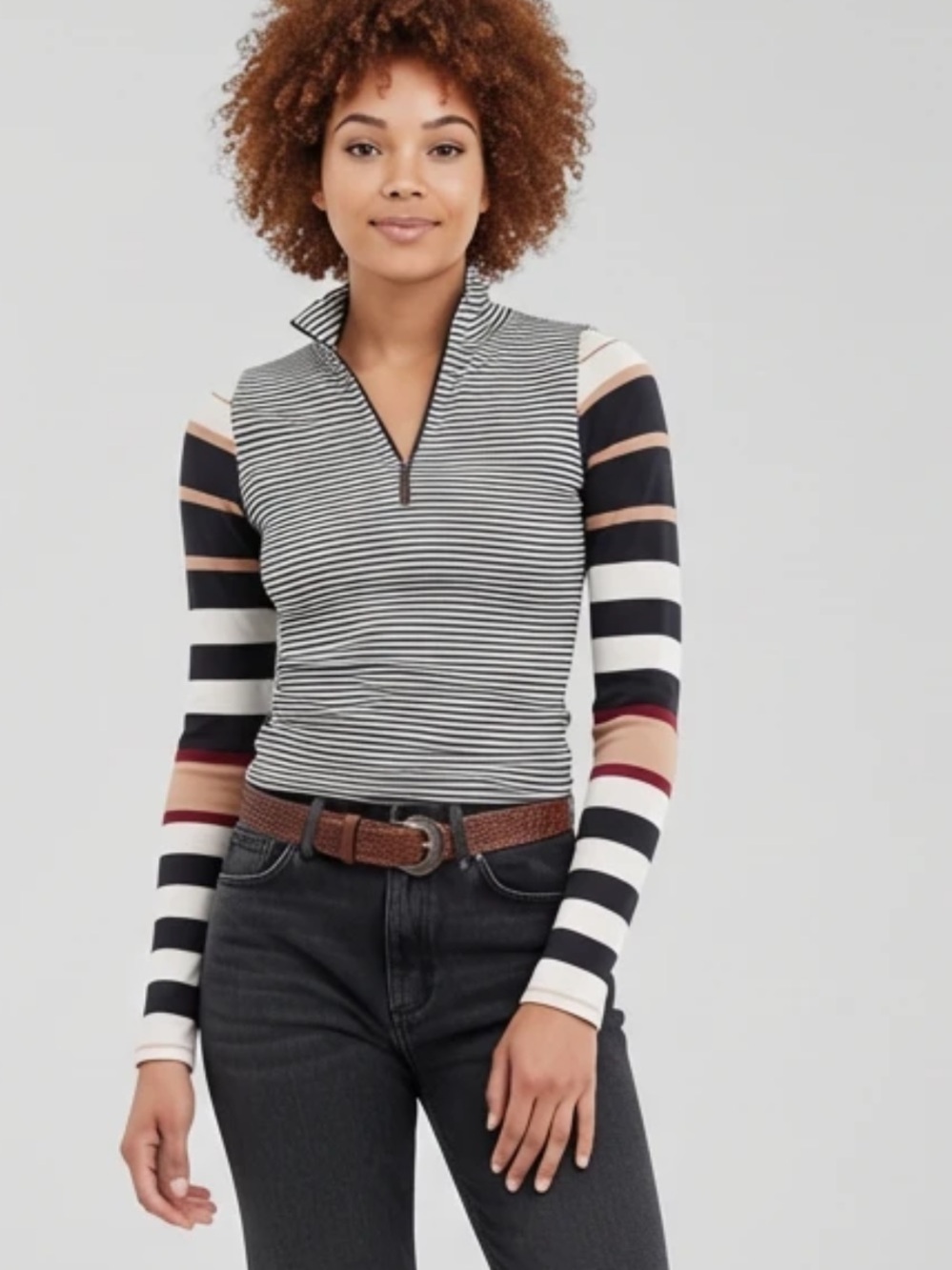 Free People Striped Mock Neck Zip-Front Top in Black, White & Tan